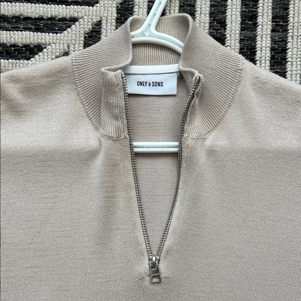 ONLY & SONS Men's Zip Up Cream Fine Knit Sweater